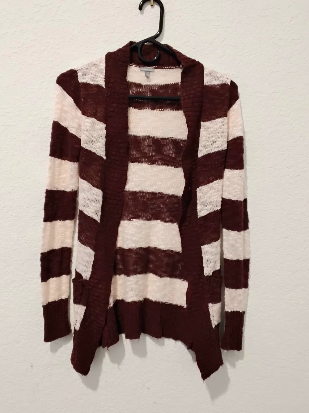 Charlotte Russe Striped Open Front Waterfall Cardigan Burgundy Cream XS